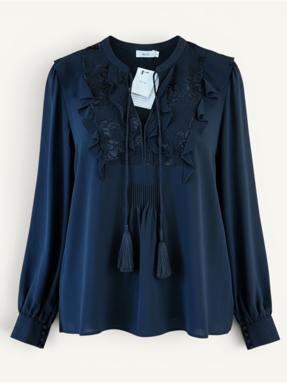 NWT ALC Blyth Silk Blouse Black Embroidered Tassel Top 4